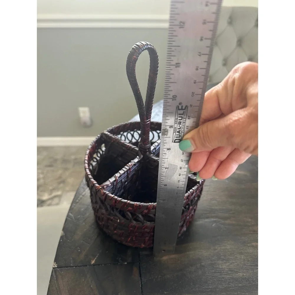 Woven Wicker Utensil Caddy Dark Brown Round 4 Compartment Silverware Holder 7in